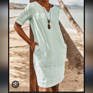 J. Jill Green V-Neck Dress Casual, Linen, Tag        M     But Missing Size Tag